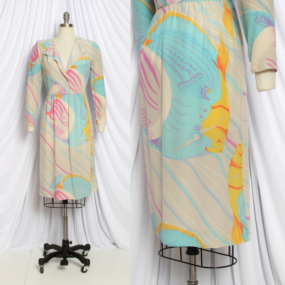Vintage 1980s Dress 80s NICOLE MILLER Silk Fish Novelty Print Sheath Wiggle
